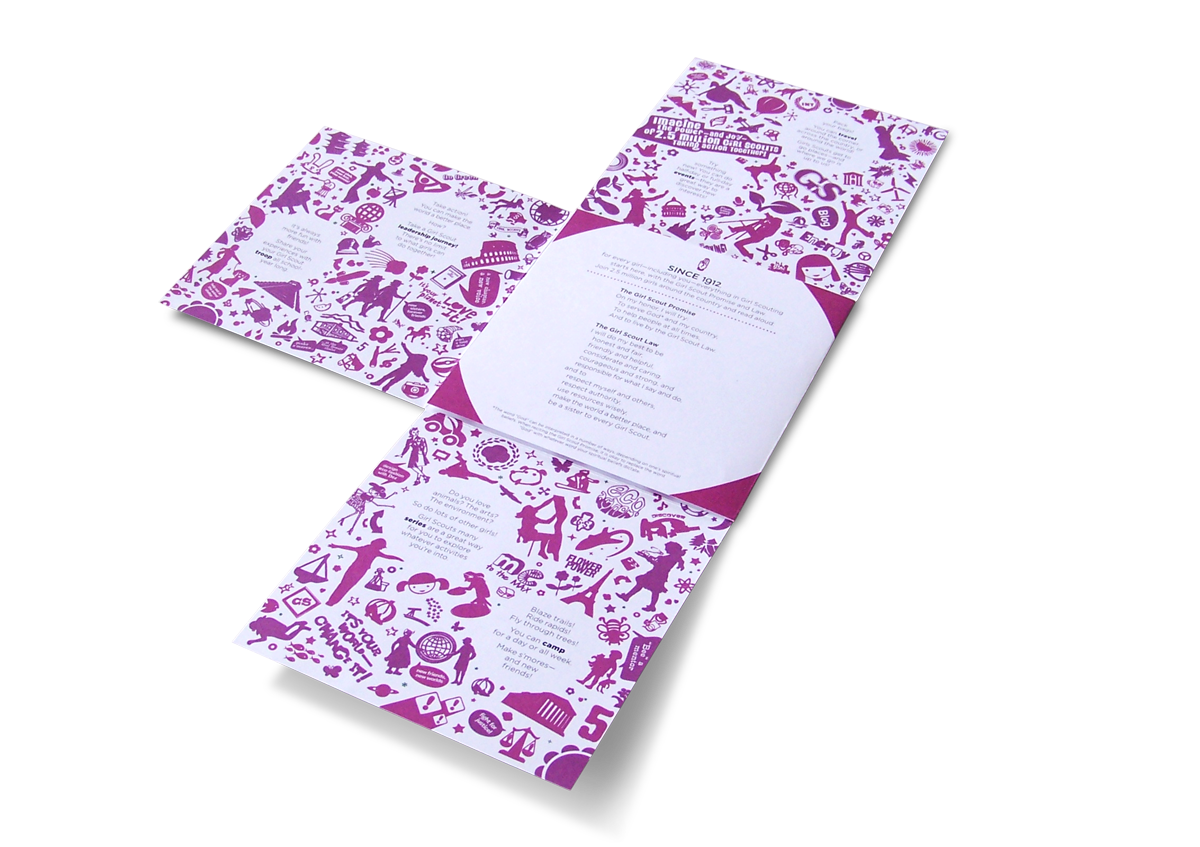 GIRL SCOUTS MEMBERSHIP CREDENTIAL<br><br>As the piece opens, the last flap provides the girl her opportunity to make it official. The Girl Scouts Promise and Law date back to the beginning, and I wondered how reciting it privately might change the experience. The hope was also that the girl would recite the Promise and Law prior to opening that last flap, which reveals…