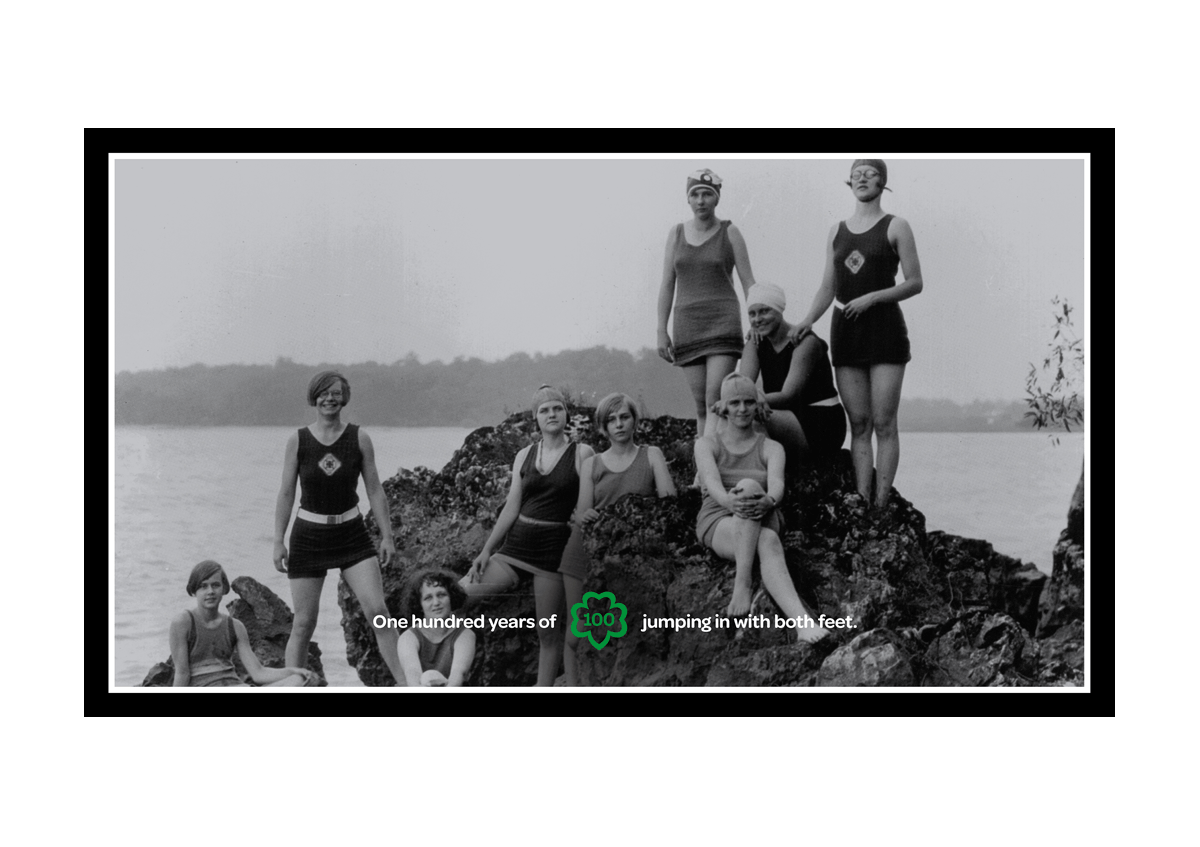 GIRL SCOUTS 52ND NATIONAL CONVENTION<br><br>This might be my favorite banner of the whole system. Working closely with archivist Pamela Cruz, I had so much fun discovering the amazing historical assets that could be used in this project. At 30 feet wide, 17 feet tall, it was also one of the largest.