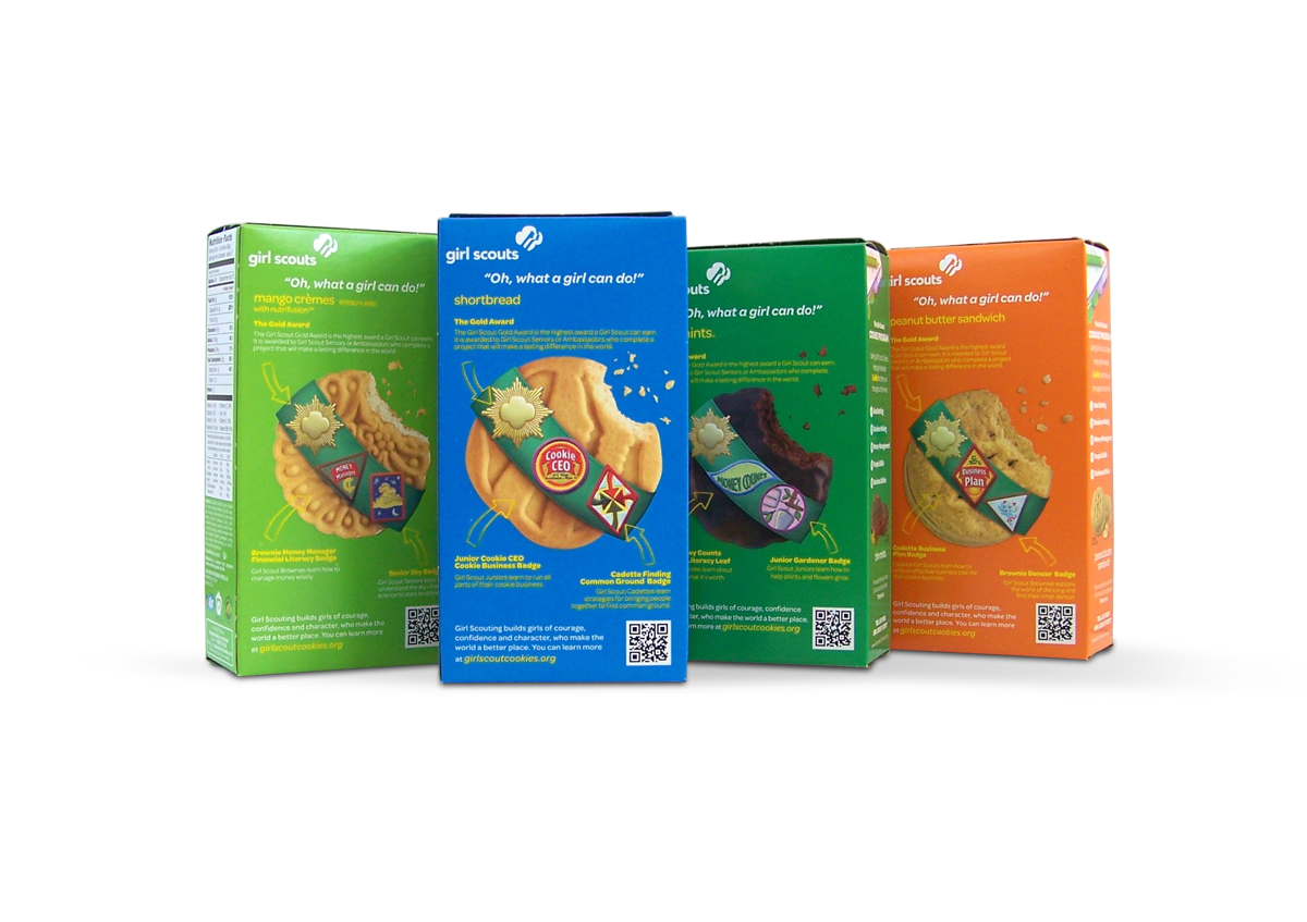 GIRL SCOUTS COOKIE BOXES<br><br>It was not an easy sell to Girl Scouts traditionalists to get the sash on the cookie, but we made it happen, and Anthem did an incredible job turning concept into reality. This side of the box connects scouting to cookies in a way that honors the entire program.