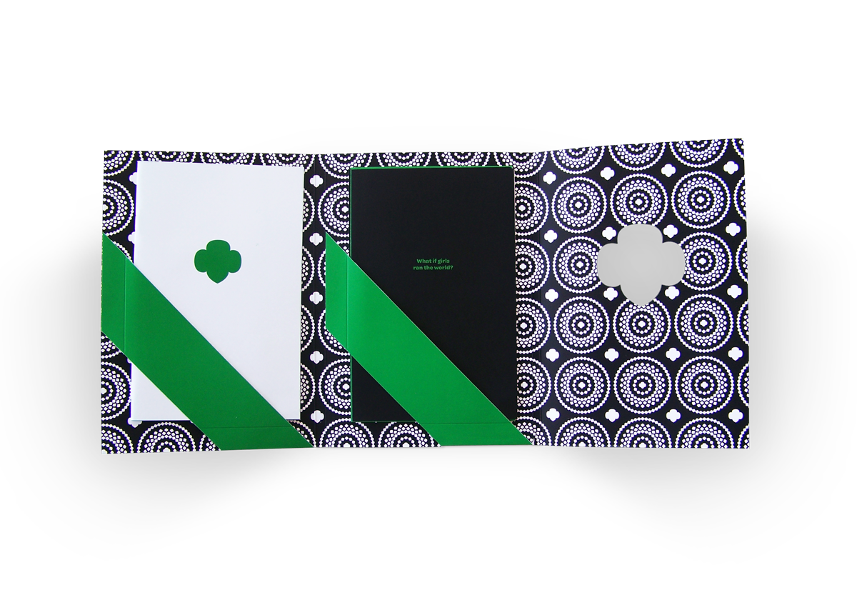 GIRL SCOUTS CASE STATEMENT<br><br>As the folder opens the middle pocket containing the series of more specific case “sub”-statements, eight single-fold brochures, is revealed.