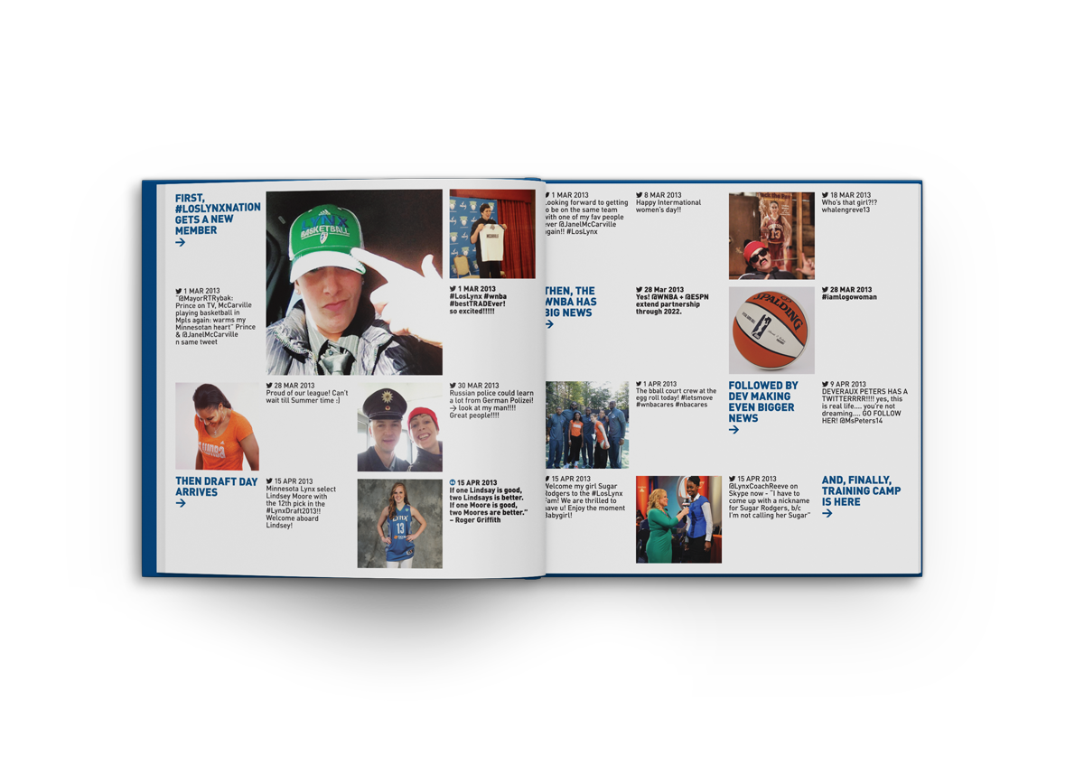 WNBA 2013 CHAMPS BOOK<br><br>Twitter had become the main platform for players, coaches and staff, and had become much more image-driven from 2012 to 2013. Janelle McCarville is one of the players that made this book really, really fun.